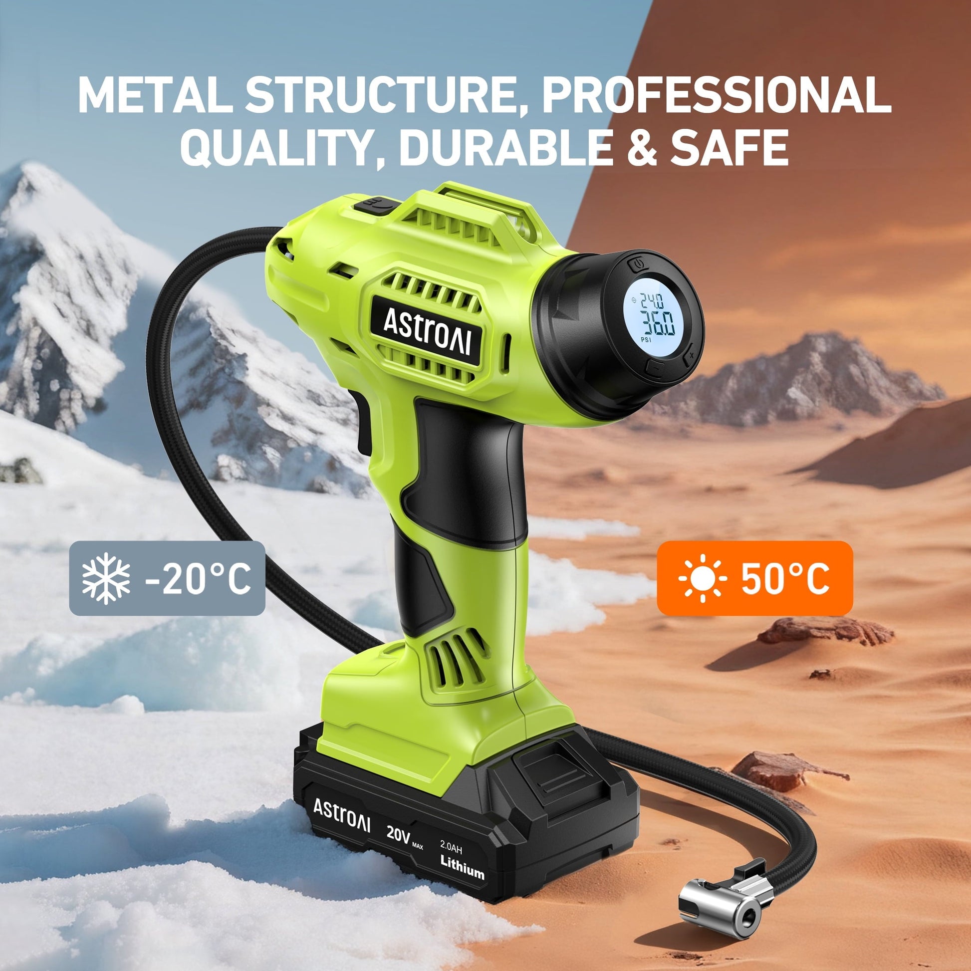 AstroAI Cordless Tire Inflator Portable Air Compressor Electric Pump, 160PSI Handheld Air Pump with 20V Rechargeable Battery Auto Shutoff, Digital Pressure Gauge for Cars Tires, for Gift, Green