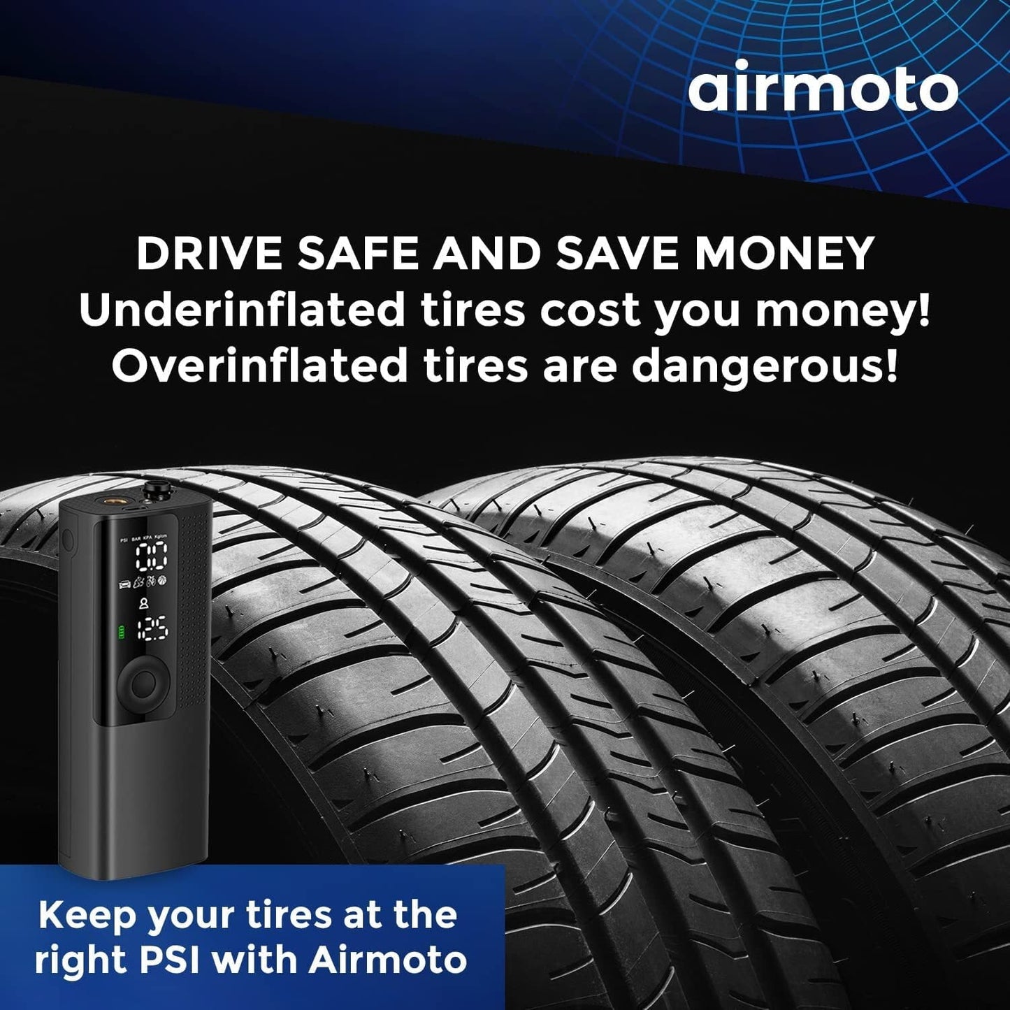 Airmoto Tire Inflator Portable Air Compressor - Air Pump for Car Tires with Tire Pressure Gauge