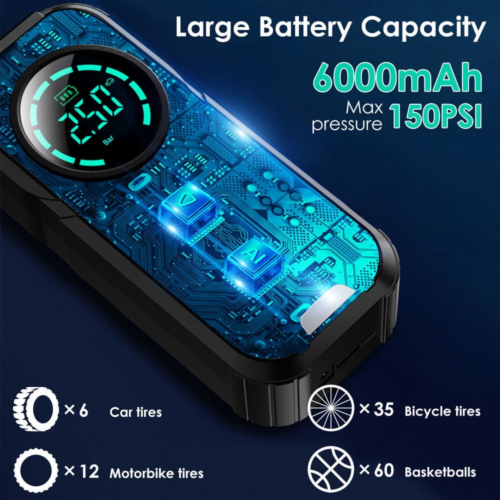 FungLam 150 PSI Air Compressor Tire Inflator Fits Car Moto Bike Tires Air Pump Cordless