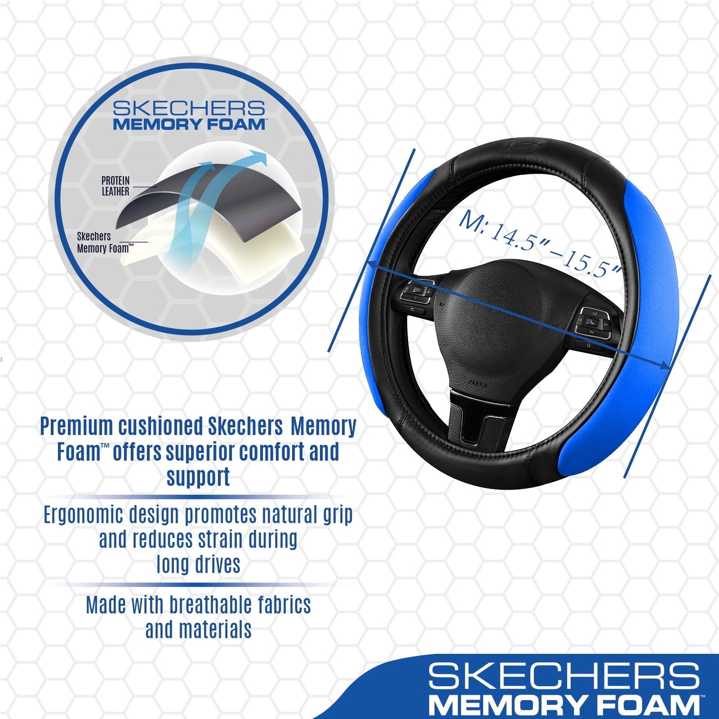 Skechers Steering Wheel Cover with Memory Foam, Breathable Non-Slip, Universal Fit 14.5"-15" Car Accessories Blue