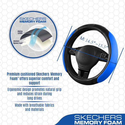 Skechers Steering Wheel Cover with Memory Foam, Breathable Non-Slip, Universal Fit 14.5"-15" Car Accessories Blue