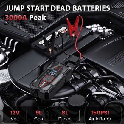 NEXPOW 3000A Car Jump Starter & Air Compressor - 12V 59.2Wh Portable Battery Booster with PD 30W Fast Charge, 150PSI Air Pump, Smart Clamps for Cars/SUVs/Trucks (Emergency Multi-Function Power Pack)