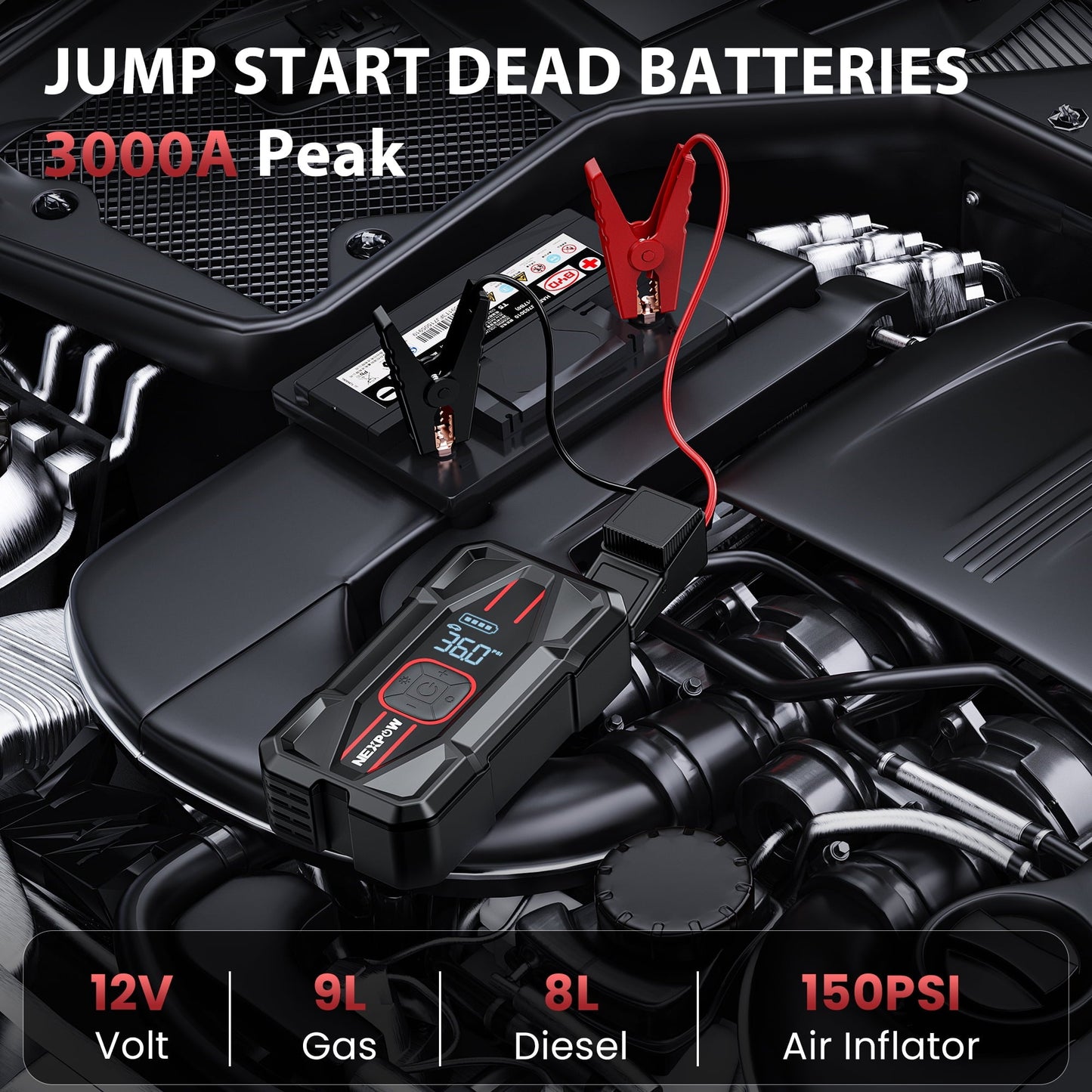 NEXPOW 3000A Car Jump Starter & Air Compressor - 12V 59.2Wh Portable Battery Booster with PD 30W Fast Charge, 150PSI Air Pump, Smart Clamps for Cars/SUVs/Trucks (Emergency Multi-Function Power Pack)
