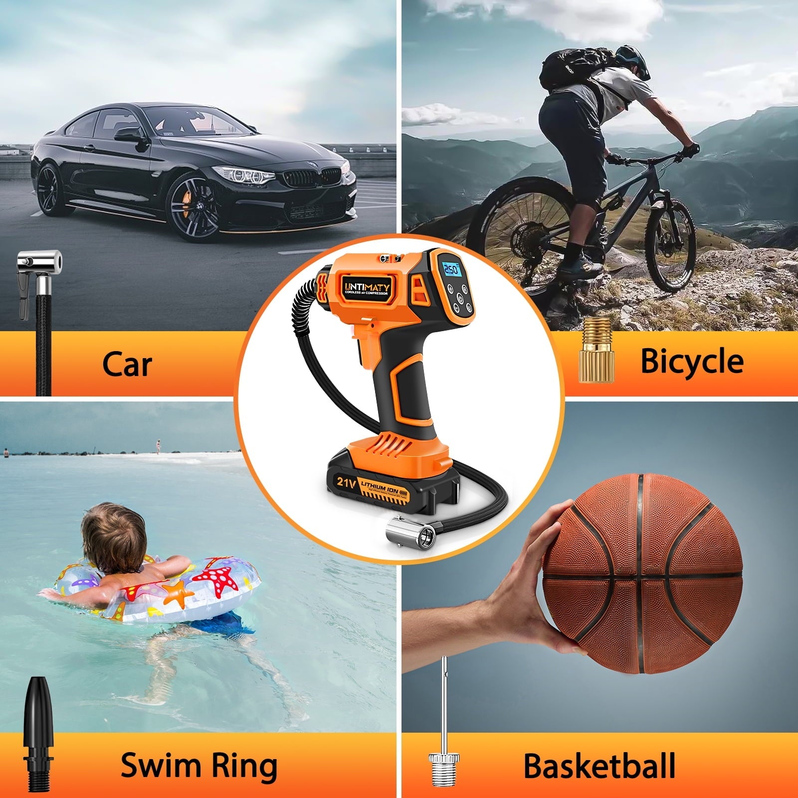 Cordless Tire Inflator, UNTIMATY Portable Air Compressor, 150PSI Handheld Air Pump with 21V Rechargeable Battery, Digital Pressure Gauge for Cars Motorcycles