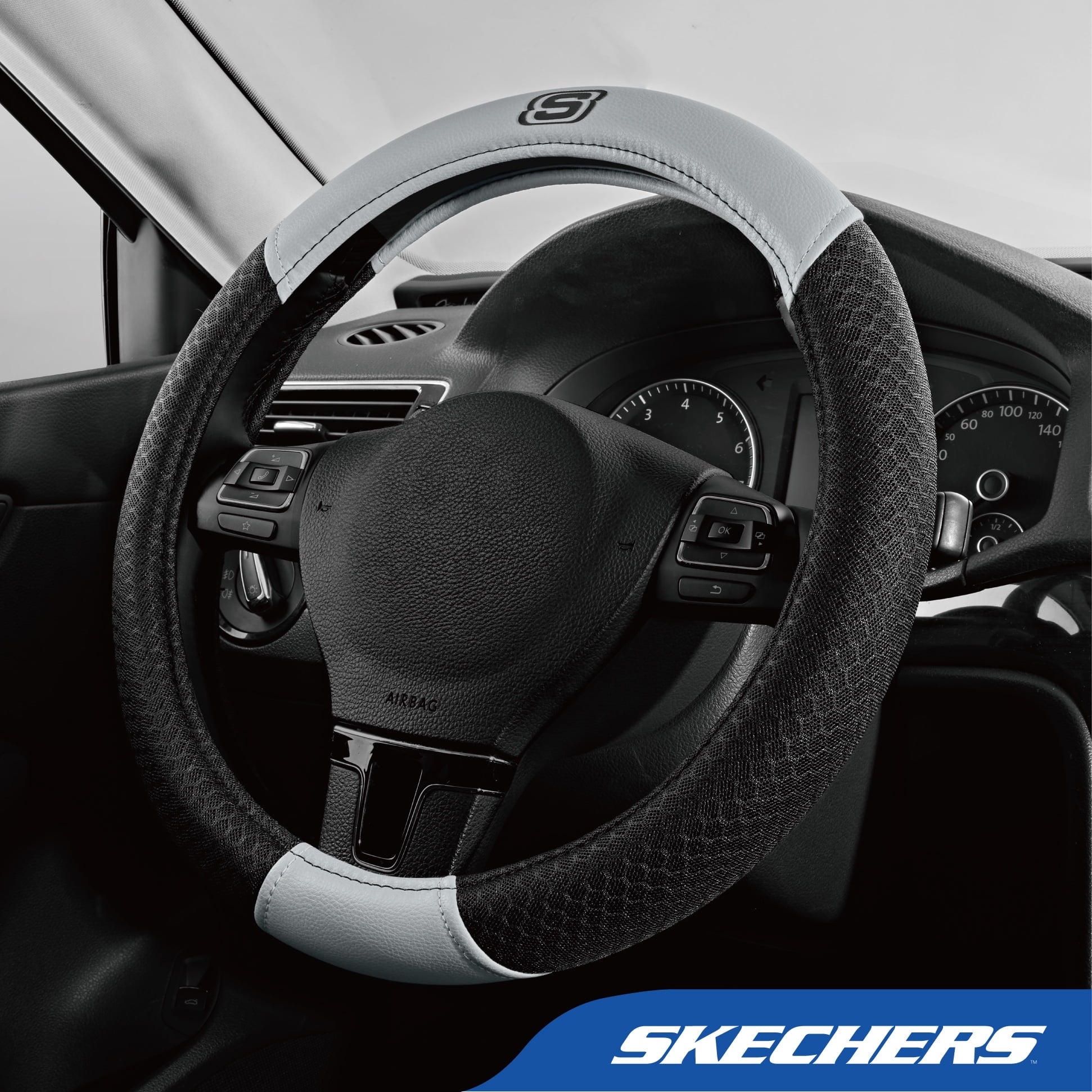 Skechers Air Cooled Memory Foam Steering Wheel Cover, Breathable Comfort Grip, Soft Leather, All-Season Fit for Cars, SUVs, and Trucks Gray