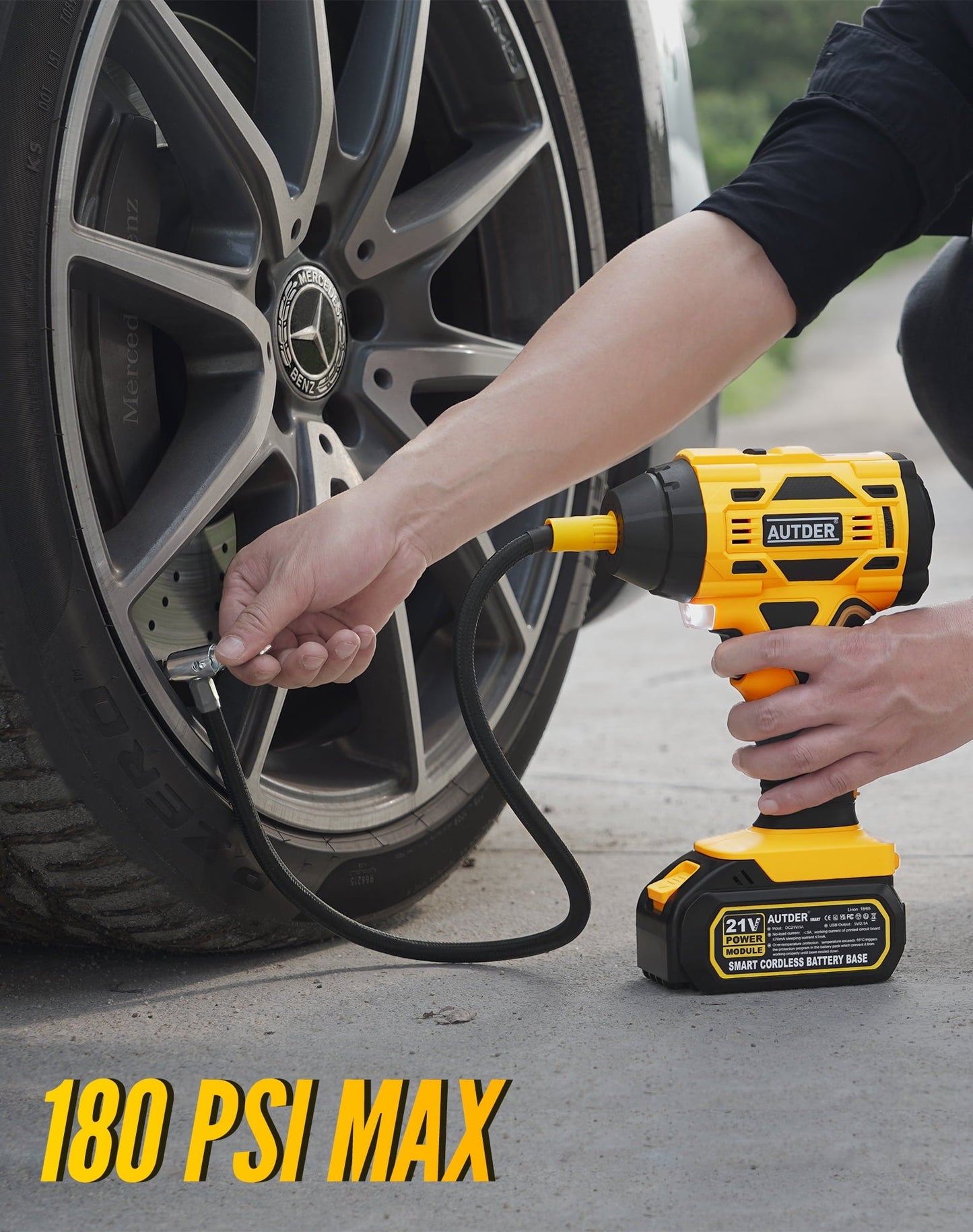AUTDER 21V Portable Tire Inflator 180PSI Digital Air Compressor with Gauge, 12V Adapter, Yellow