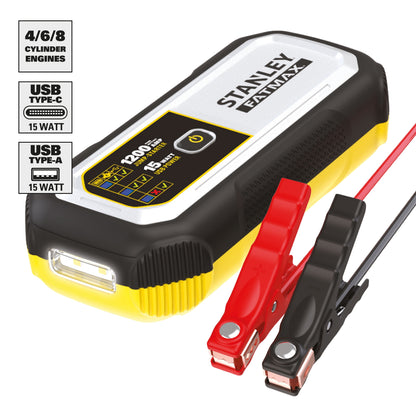 Stanley FatMax 1200A, Lithium Jump Starter with 15 Watt USB-A and USB-C Power, Includes clamps