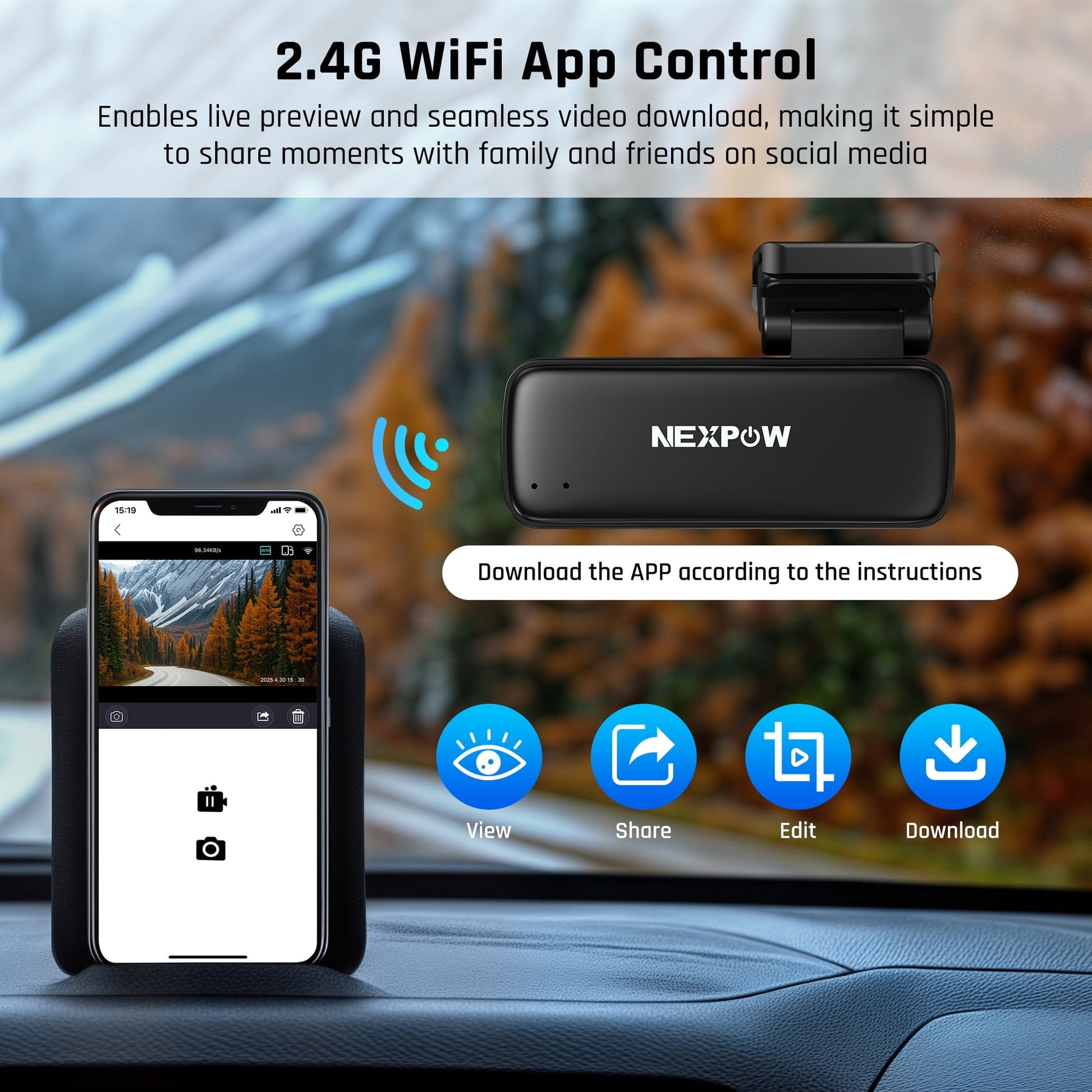 NEXPOW 2K Wifi Front Dash Cam with Voice Control,Dash Camera for Car with App,24H Parking Mode,G-Sensor,Loop Recording,IR Night Vision