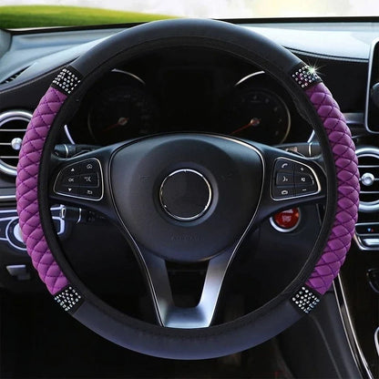 Universal Car Steering Wheel Cover 37-38cm Leather Embroidered Color Diamond-Studded Elastic Four Seasons Steering Wheel Cover Black