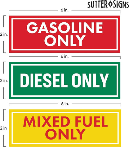 Sutter Signs 9pc Diesel Only/Gasoline Only/Mixed Fuel Only Stickers for Fuel Tank | Weatherproof Adhesive Decals for Trucks, Tractors, Fuel Cans, Gas Caps