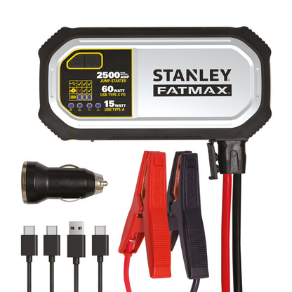 Stanley FatMax 2500A, Lithium Jump Starter With 60W USB Type C-PD, 25W USB Type C-PD and 15W USB Type - A, Includes clamps