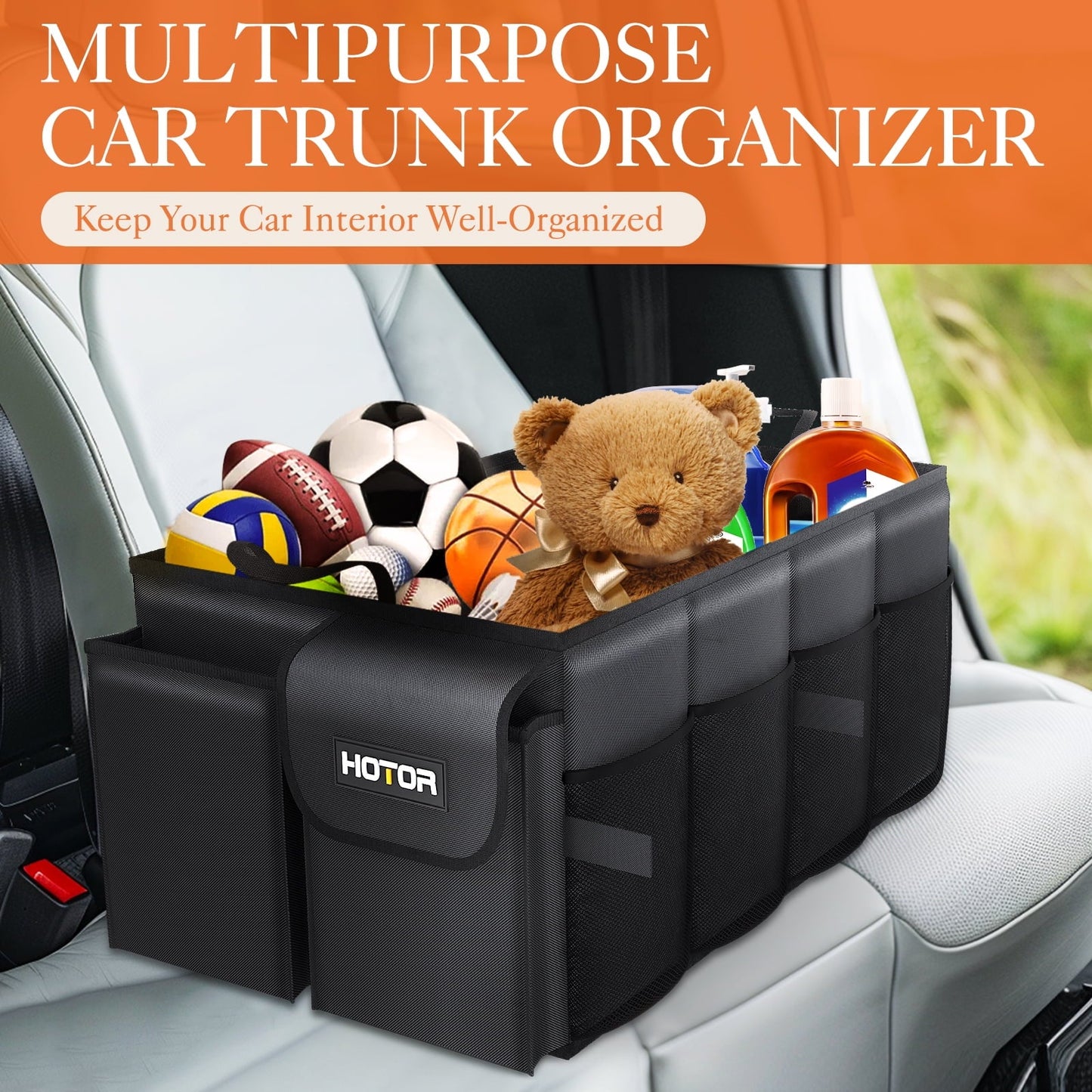 HOTOR Trunk Organizer for SUV - 2 Compartments & 6 Pockets Trunk Organizer for Car, Car Organizers and Storage