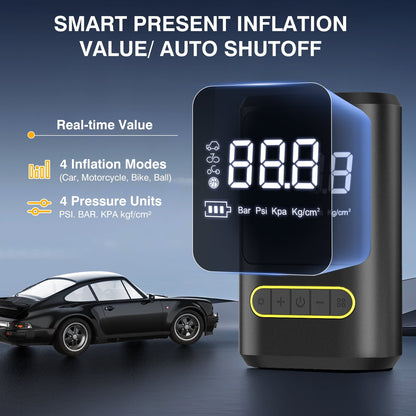 Cshidworld Tire Inflator Portable Air Compressor, 150 PSI & 4000mAh Cordless Bike Pump for Auto Bicycle Balls with Digital Pressure Gauge/LED Light, 3X Fast Inflation Smart Air Pump Black
