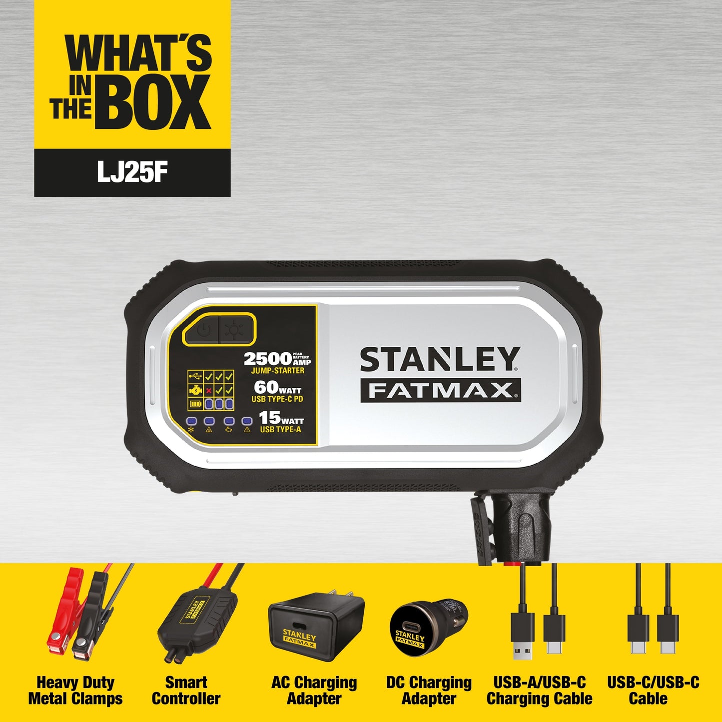 Stanley FatMax 2500A, Lithium Jump Starter With 60W USB Type C-PD, 25W USB Type C-PD and 15W USB Type - A, Includes clamps