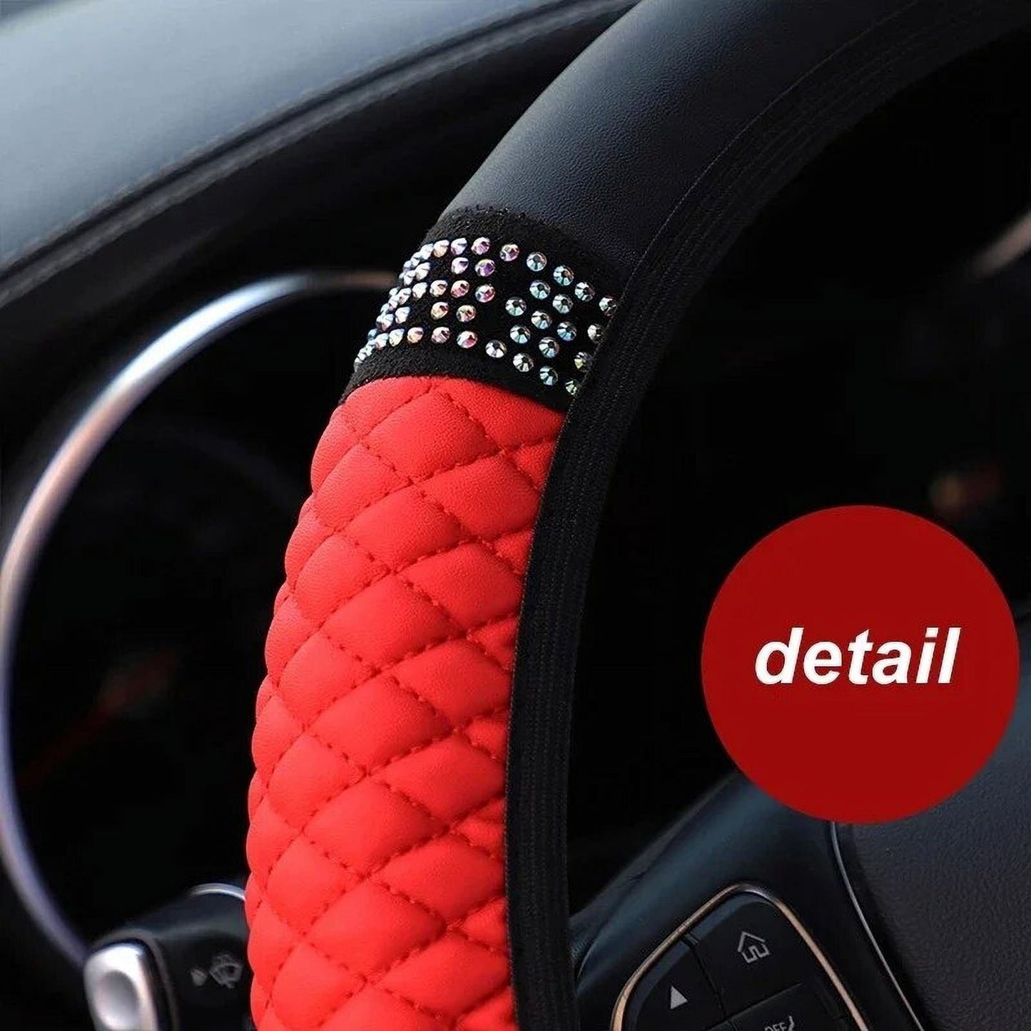 Universal Car Steering Wheel Cover 37-38cm Leather Embroidered Color Diamond-Studded Elastic Four Seasons Steering Wheel Cover Blue