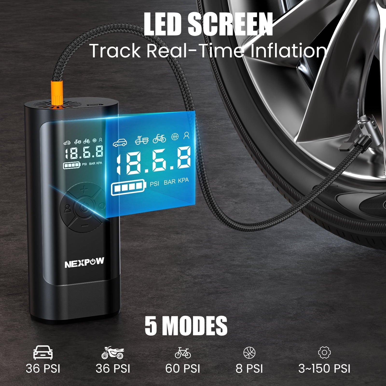 NEXPOW Tire Inflator Portable Air Compressor, 150PSI Cordless Bike Tire Pump with Auto-Shuts off, 8000mAh Air Pump for Car Tires for Car, Bike, Ball