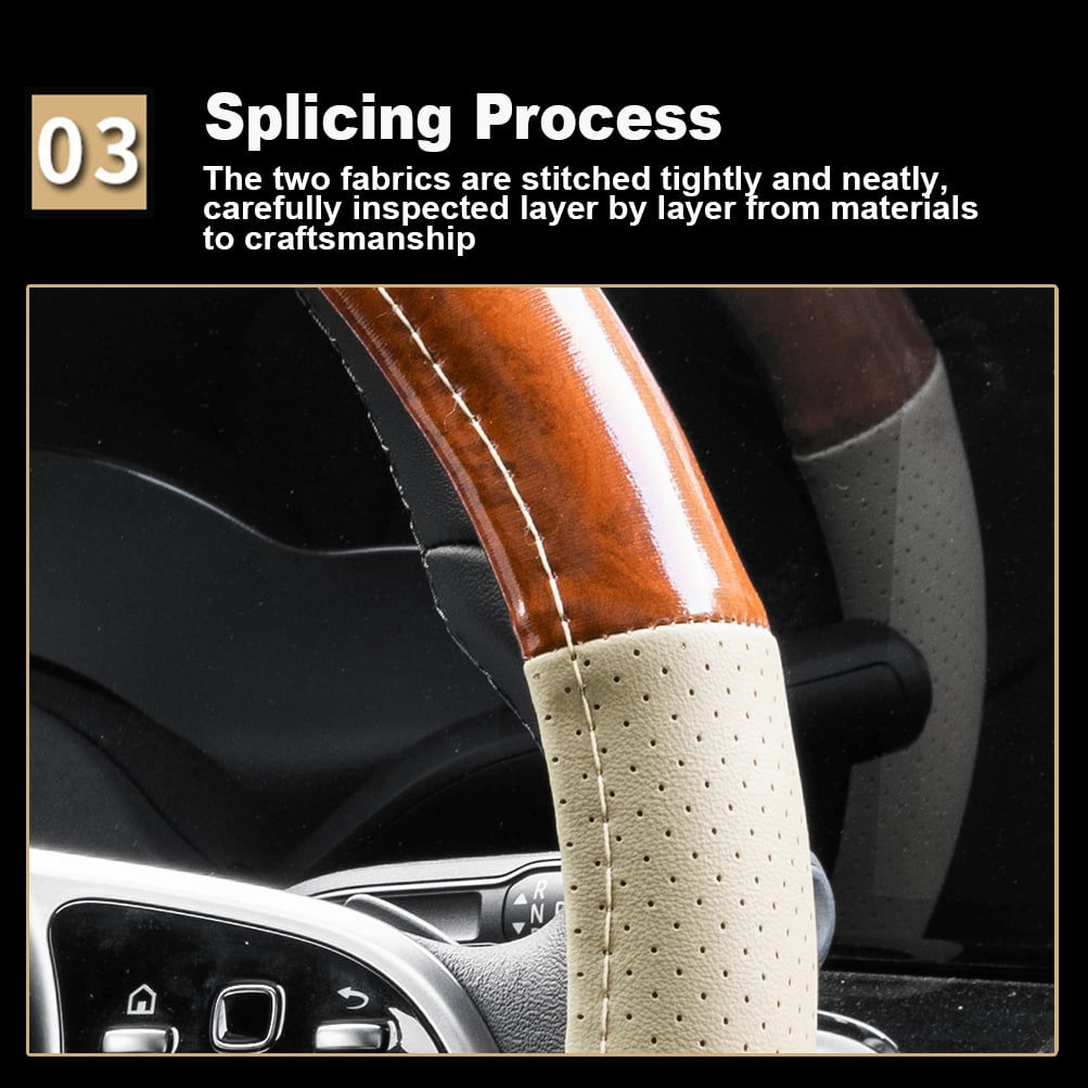 XUKEY Beige Wood Grain Car Steering Wheel Cover Leather 14.5" to 15" Breathable Anti-Slip Universal