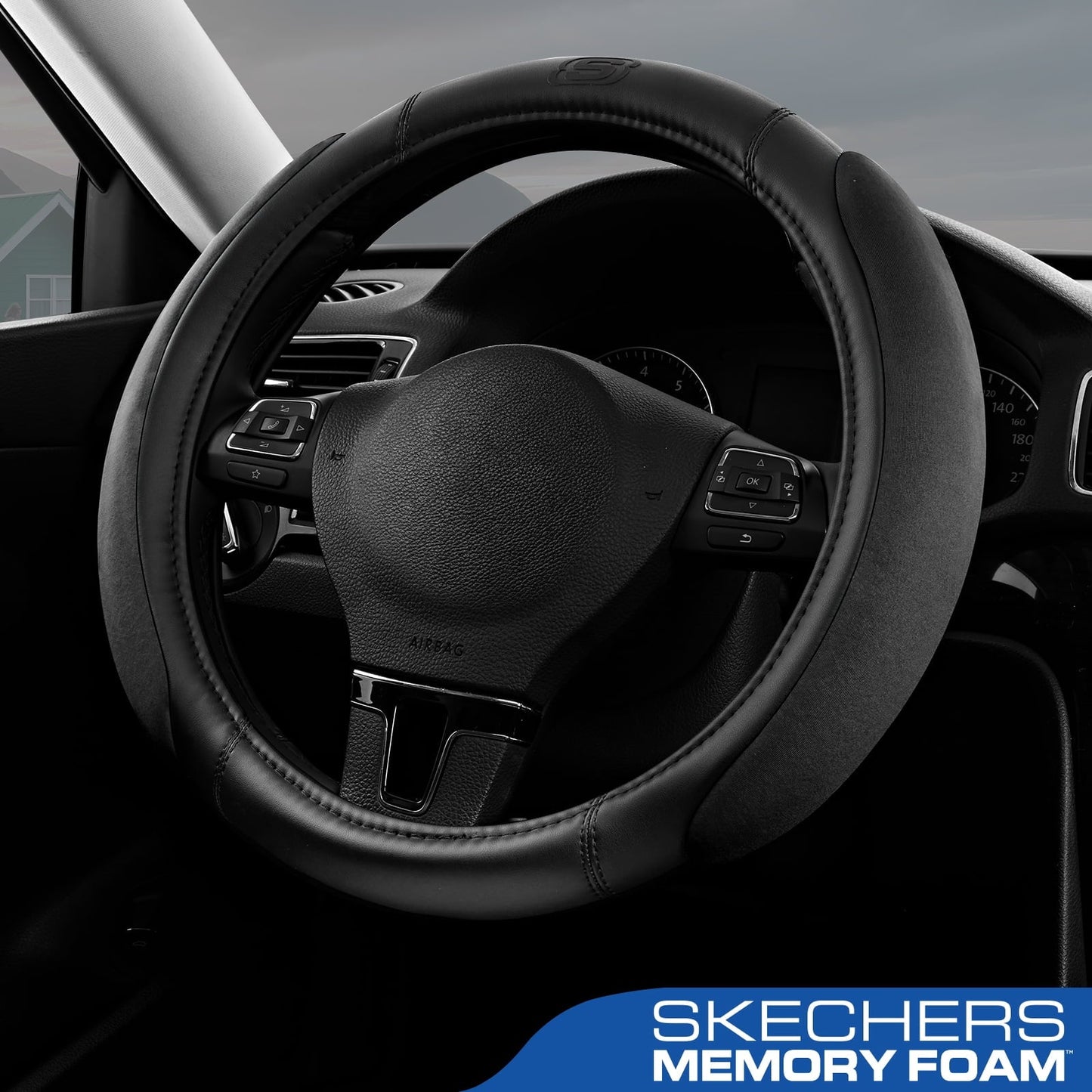 Skechers Steering Wheel Cover with Memory Foam, Breathable Non-Slip, Universal Fit 14.5"-15" Car Accessories Black