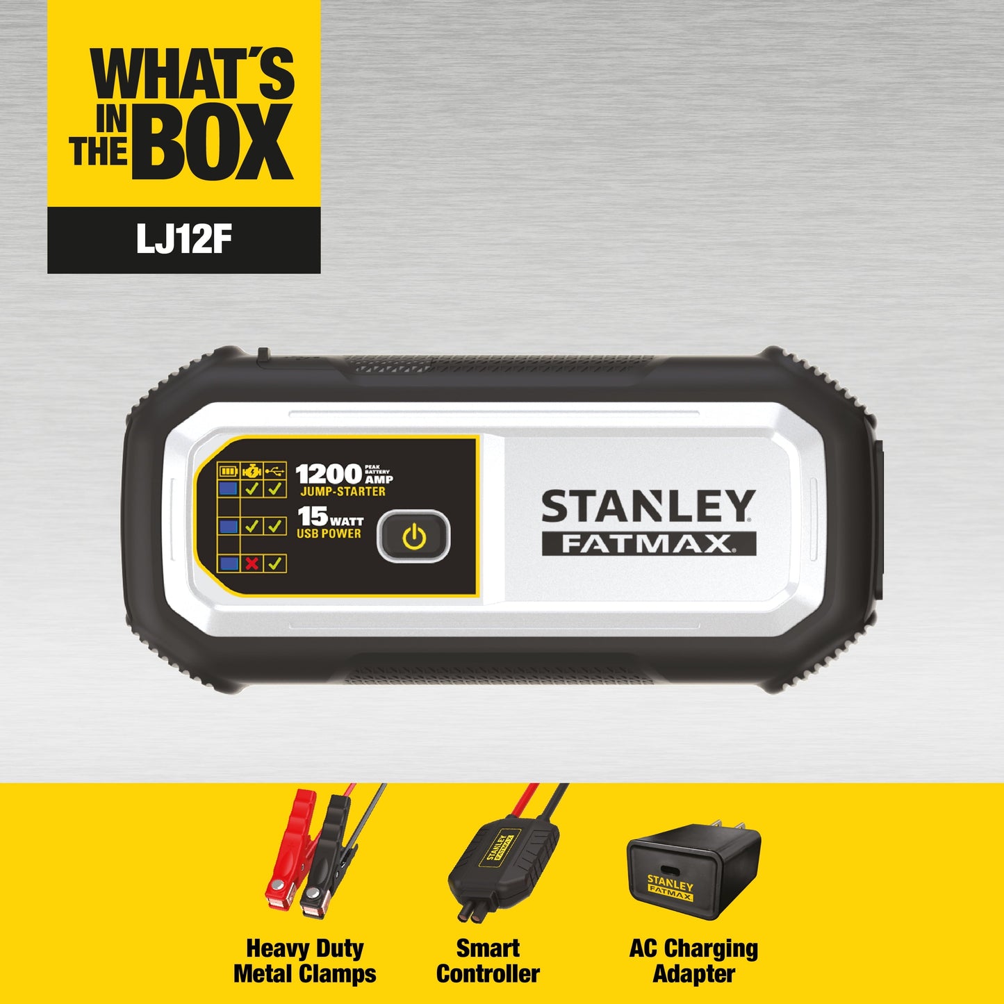 Stanley FatMax 1200A, Lithium Jump Starter with 15 Watt USB-A and USB-C Power, Includes clamps