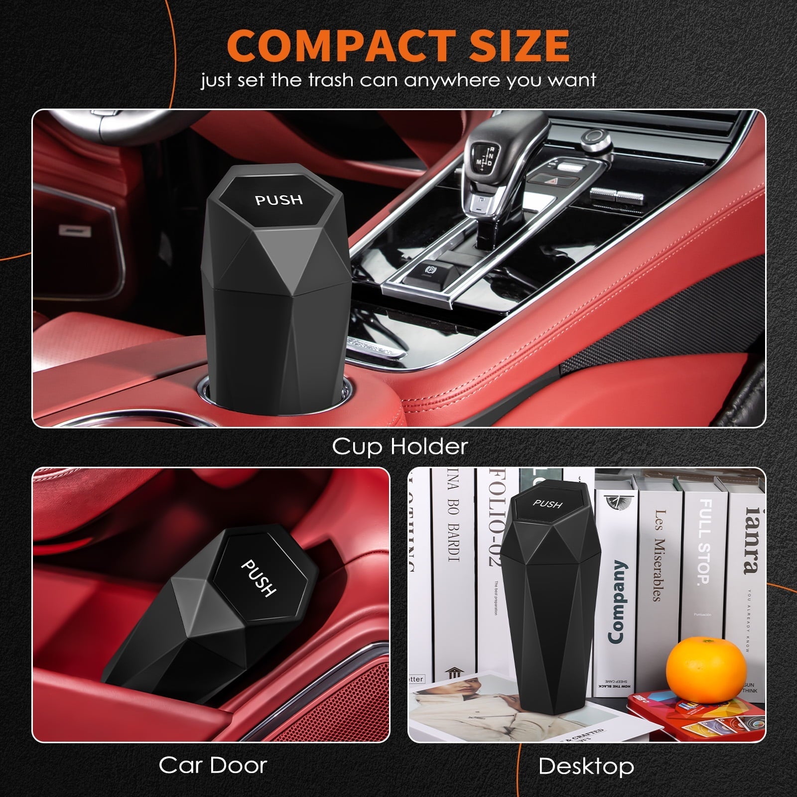 HOTOR Car Trash Can with Lid, 1 pack, Mini Portable Garbage Bin with 15 Bags, Leak-Proof Organizer for Cup Holders and Desktop, Black