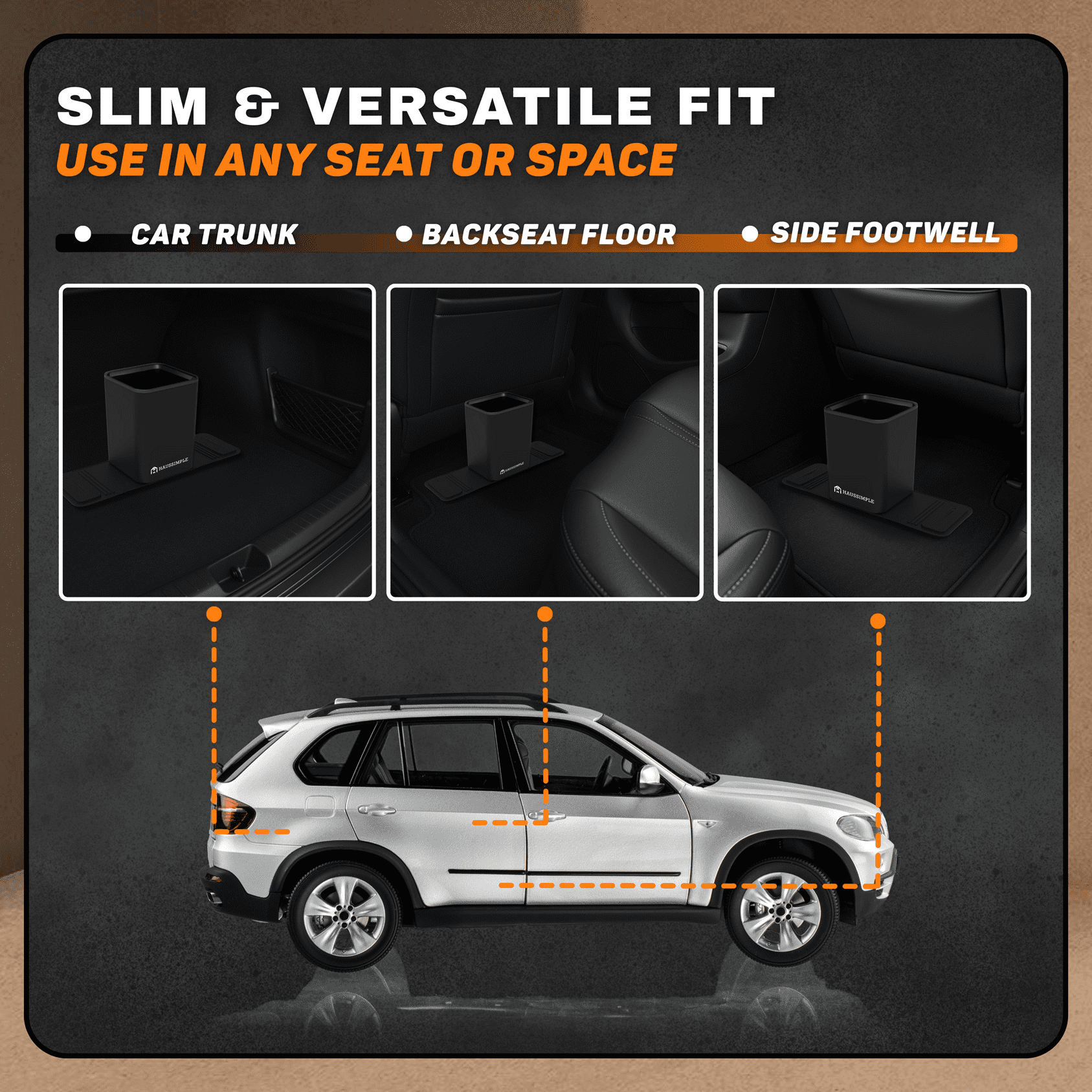 Compact Car Trash Can, 2L Leakproof Garbage Bin with Anti-Tip Stability Wings, Anti-Slip Base, Includes Trash Bags, Black, Medium Size, Universal Fit for Cars, SUVs, Trucks