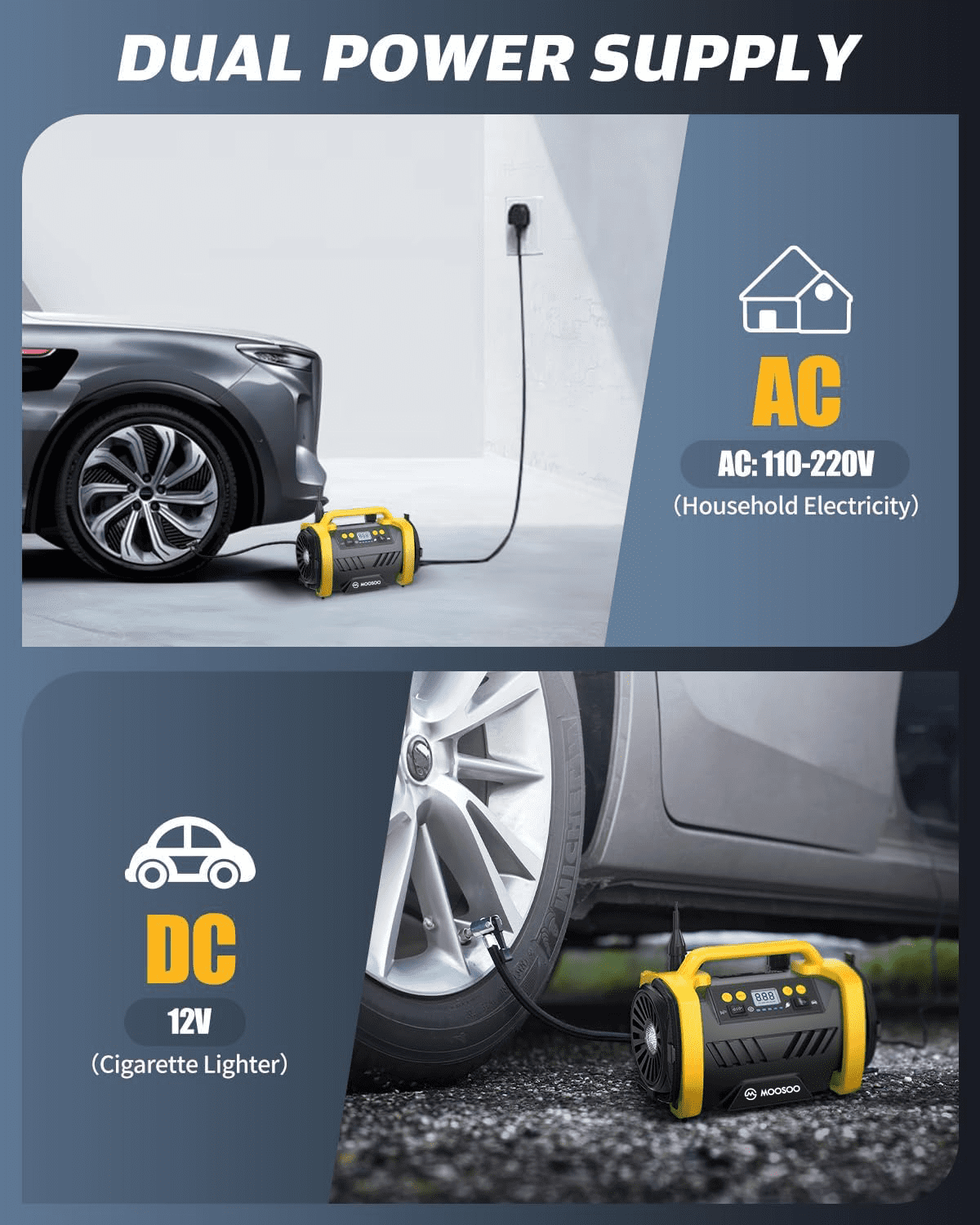 MOOSOO AC/DC Tire Inflator, 3 in 1 Portable Air Compressor for Car Tires with Auto Shut-off, LED Light, 150PSI Air Pump for Cars, Balls, Motorcycles