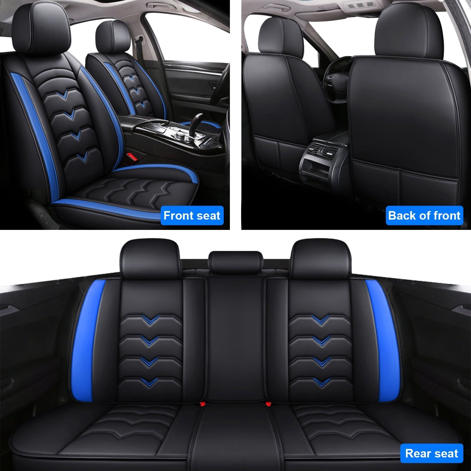 FANOTEK Black/Blue, PU Leather, Waterproof, Cushioned, Front Rear Seat Covers, 5 Pieces