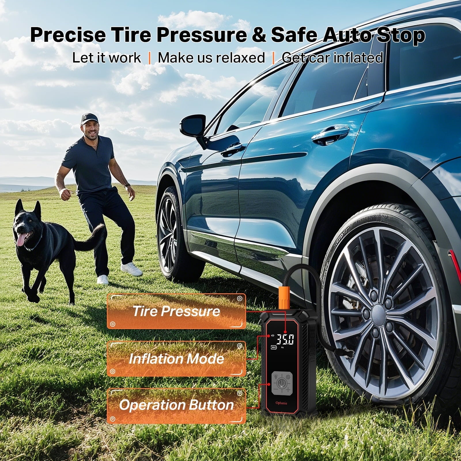 Ophanie Tire Inflator Portable Air Compressor, 9000mAh Battery Powered, 150PSI Dual Mode, Auto Air Pump for Car Tires, Motorcycle, Bicycle, Electric Pump with LED Light & Digital Pressure Gauge