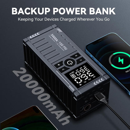 TRAKAR Car Battery Charger Jump Starter with Air Compressor, 5000A 150PSI (9.0 Gas/8.0L Diesel), 14.8V Jump Box Car Battery Jumper Starter Portable with Jumper Cables, LCD Display, Lights