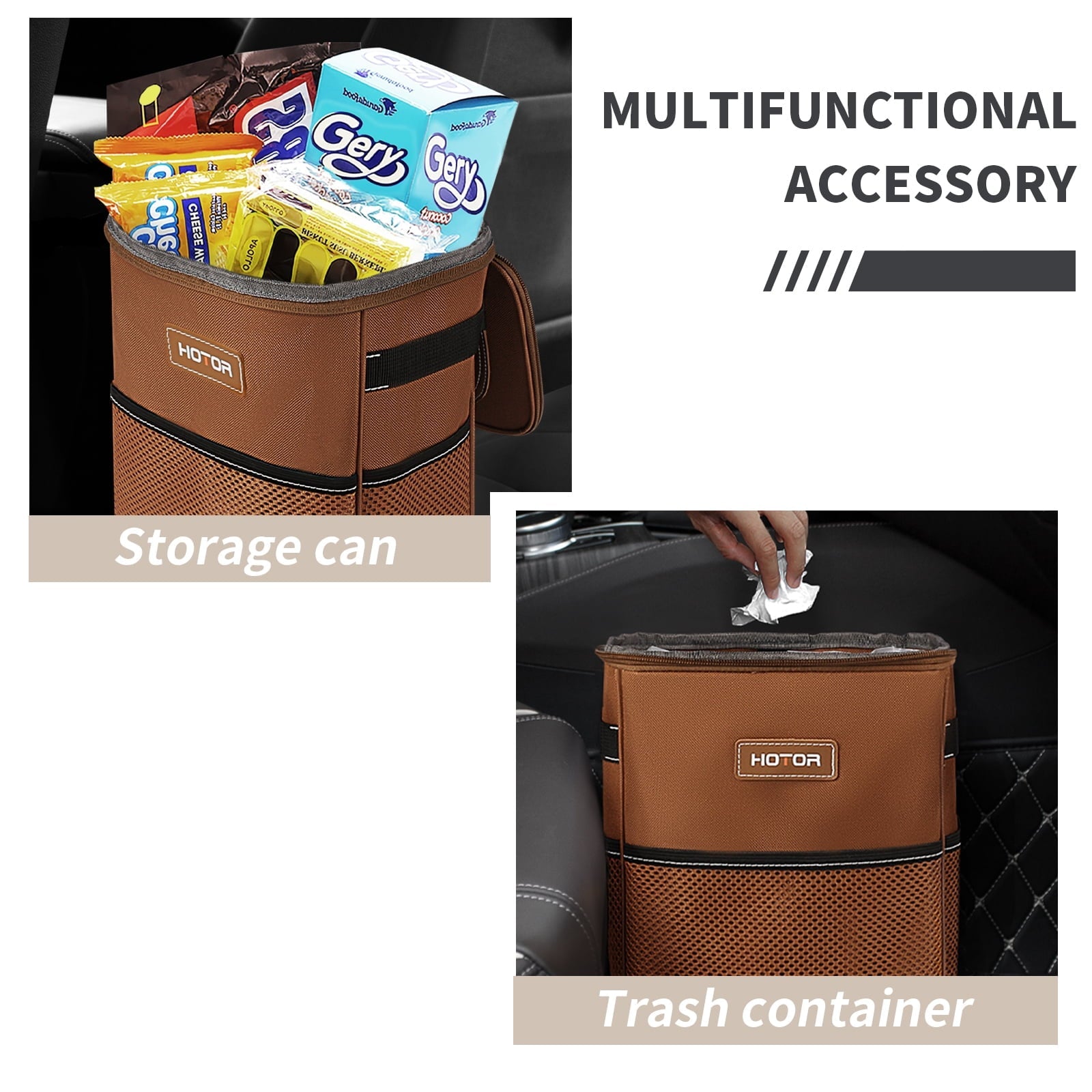 HOTOR Car Trash Can with Lid, Leak-Proof Car Garbage Can with Mesh Pockets, Car Accessories, 2 Gallons, Brown