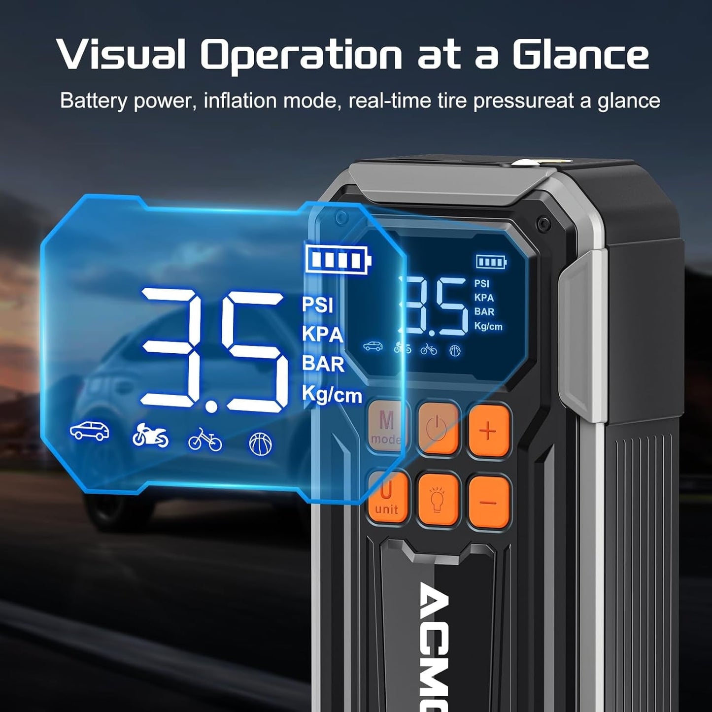 ACMOUNT 10000mAh 160PSI Tire Inflator, Portable Air Compressor, 3X Faster Inflation, Rechargeable Tire Air Pump With 5 Modes and 3-LED Light, Silver