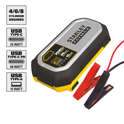 Stanley FatMax 2500A, Lithium Jump Starter With 60W USB Type C-PD, 25W USB Type C-PD and 15W USB Type - A, Includes clamps