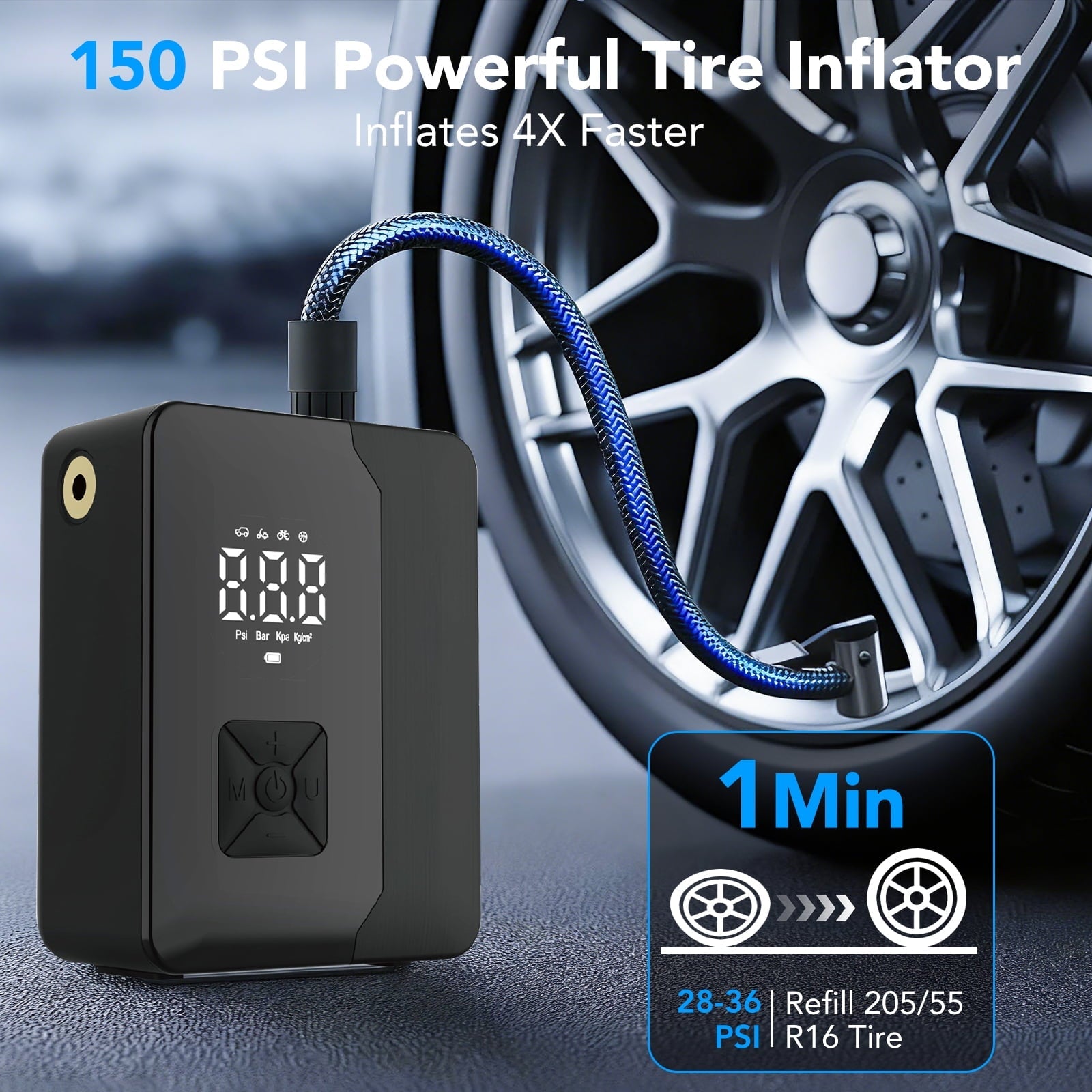 KT1 Tire Inflator Portable Air Compressor with Digital Pressure Gauge, LED Light, 150PSI Fast Inflation for Car, Bikes, Sports Balls, Inflatable Toys, Perfect for Families, Outdoor