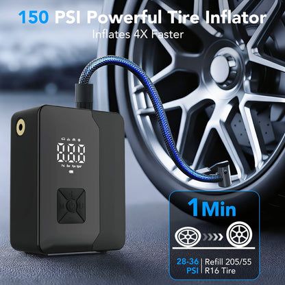 KT1 Tire Inflator Portable Air Compressor with Digital Pressure Gauge, LED Light, 150PSI Fast Inflation for Car, Bikes, Sports Balls, Inflatable Toys, Perfect for Families, Outdoor