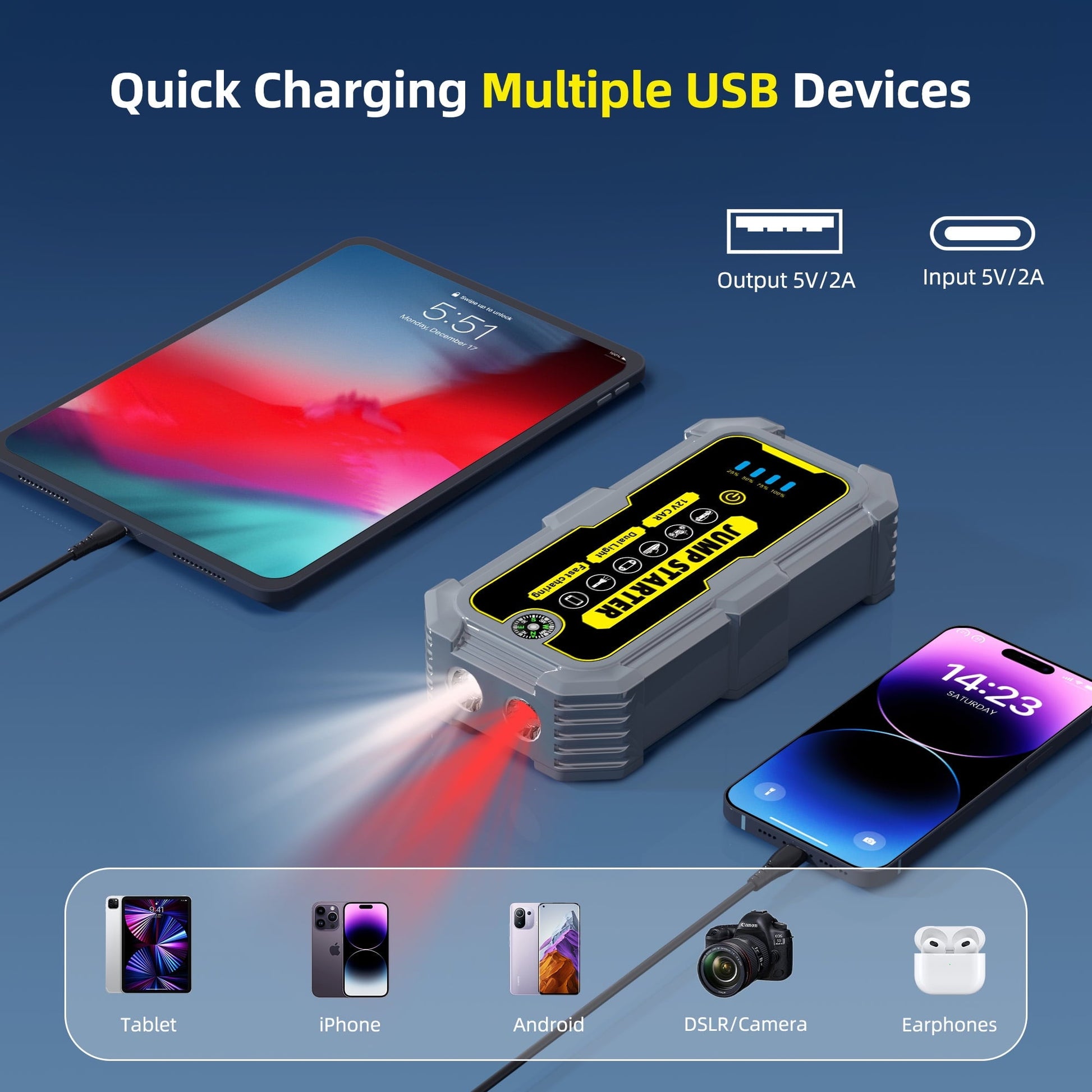 KAIPARA 4000A Car Jump Starter, 37000mWH Portable Power Bank for 12V Gas/Diesel Engines, with LED Light, Compass & Quick-Charge