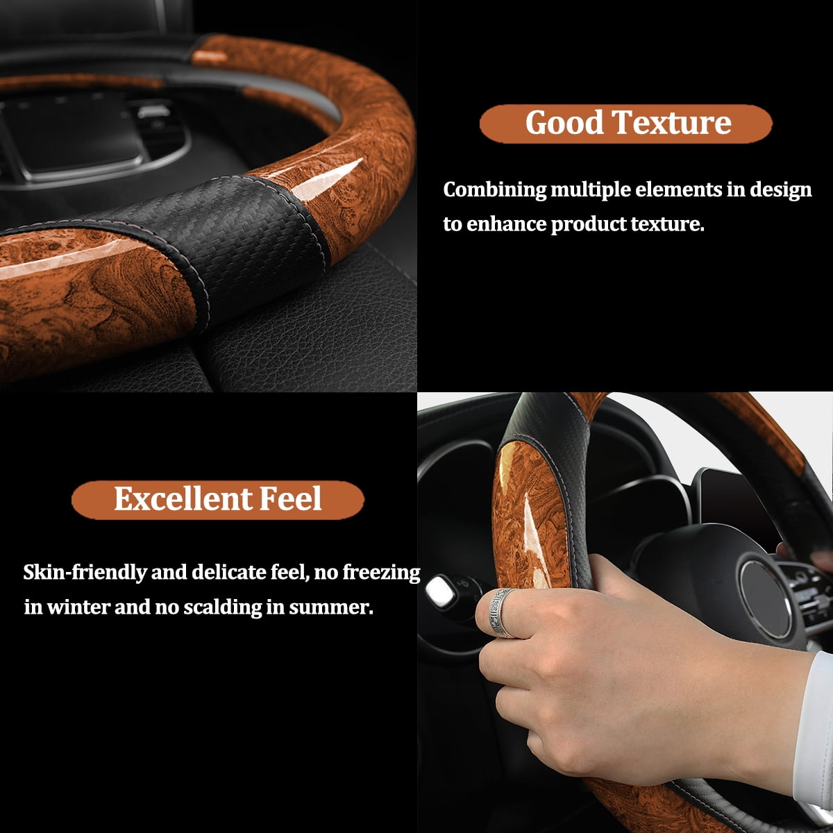 XUKEY Car Steering Wheel Cover Carbon Fiber Wood Grain Universal 14.5" to 15"