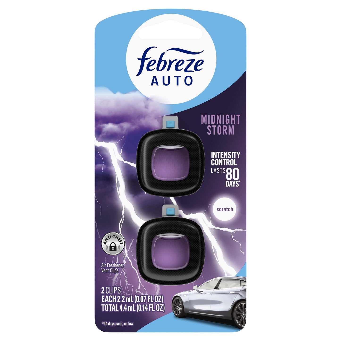 Febreze AUTO Car Air Freshener, Odor-Fighting Car Vent Clip, Midnight Storm, 2 Count