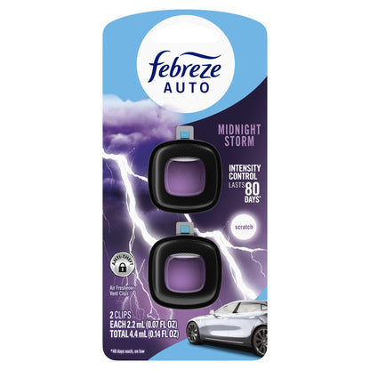 Febreze AUTO Car Air Freshener, Odor-Fighting Car Vent Clip, Midnight Storm, 2 Count