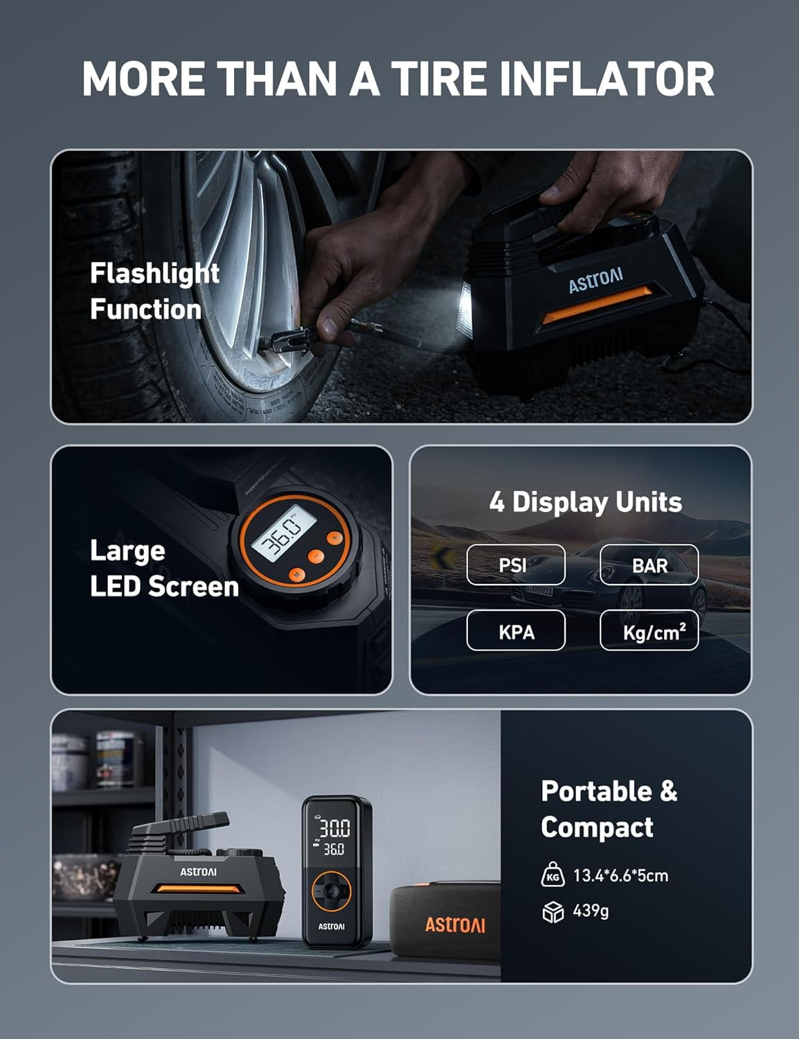 AstroAI Tire Inflator Portable Air Compressor Tire Air Pump for Car Tires - Car Accessories, 9.8Ft 12V DC-Powered Auto Pump with Digital Pressure Gauge, LED Light for Bicycle, Balloons, Orange