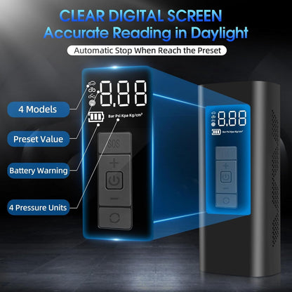 Tire Inflator Portable Air Compressor, 160 PSI Air Pump with 12000mAh Battery, Auto-shutoff for Cars, Digital Pressure Gauge, Emergency LED Light