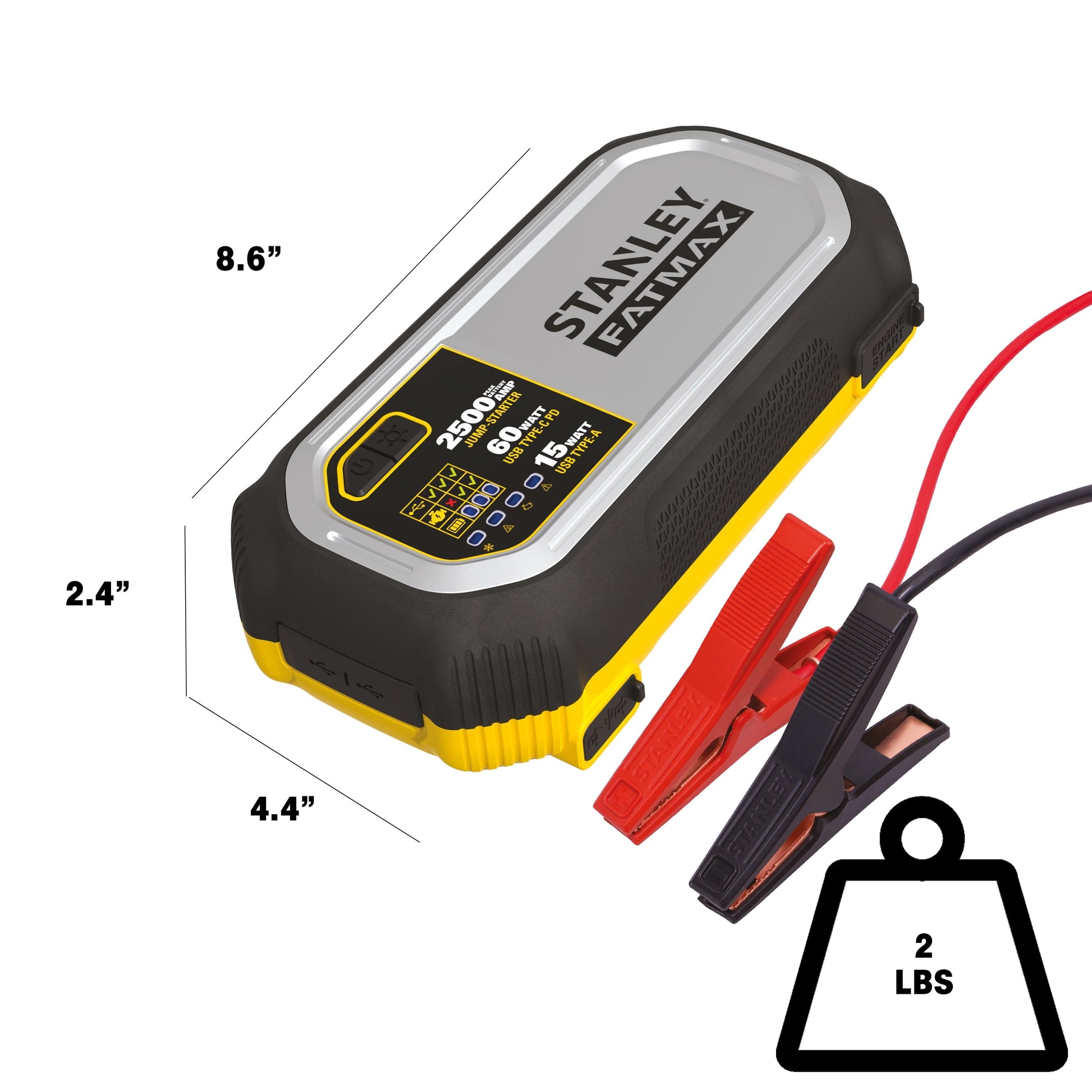 Stanley FatMax 2500A, Lithium Jump Starter With 60W USB Type C-PD, 25W USB Type C-PD and 15W USB Type - A, Includes clamps