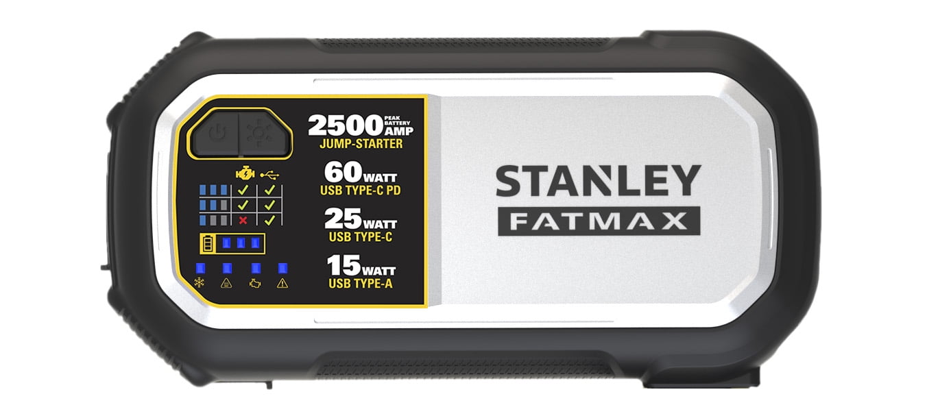 Stanley FatMax 2500A, Lithium Jump Starter With 60W USB Type C-PD, 25W USB Type C-PD and 15W USB Type - A, Includes clamps