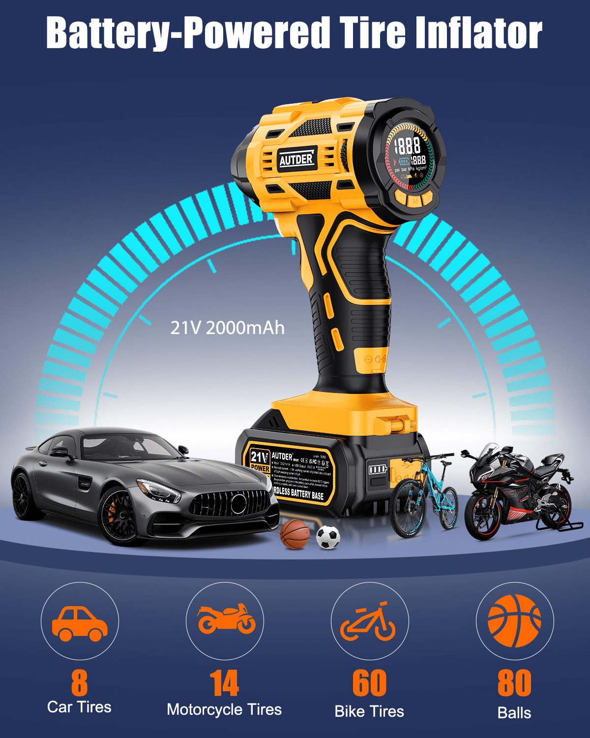 AUTDER 21V Portable Tire Inflator 180PSI Digital Air Compressor with Gauge, 12V Adapter, Yellow