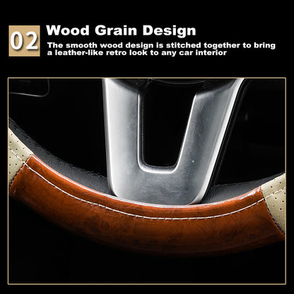 XUKEY Beige Wood Grain Car Steering Wheel Cover Leather 14.5" to 15" Breathable Anti-Slip Universal