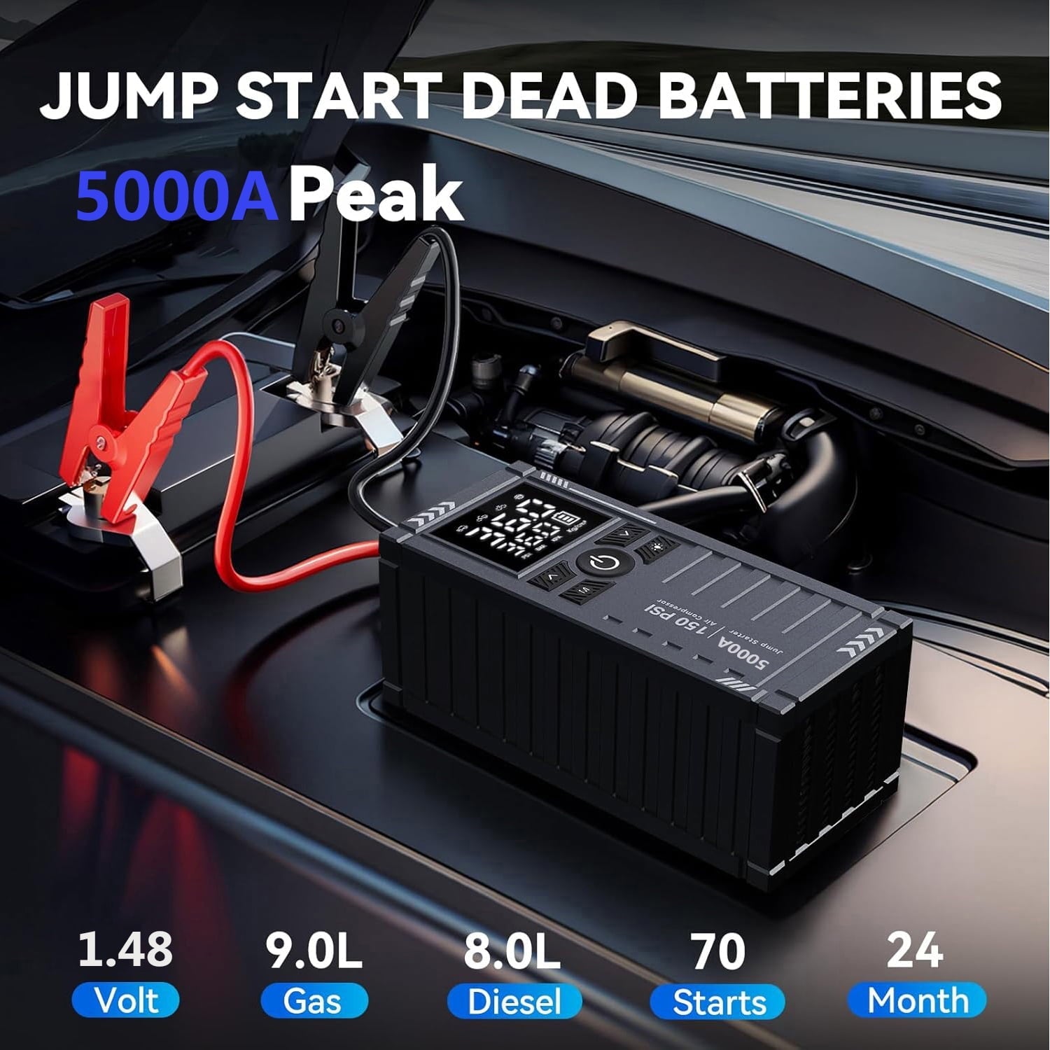 TRAKAR Car Battery Charger Jump Starter with Air Compressor, 5000A 150PSI (9.0 Gas/8.0L Diesel), 14.8V Jump Box Car Battery Jumper Starter Portable with Jumper Cables, LCD Display, Lights