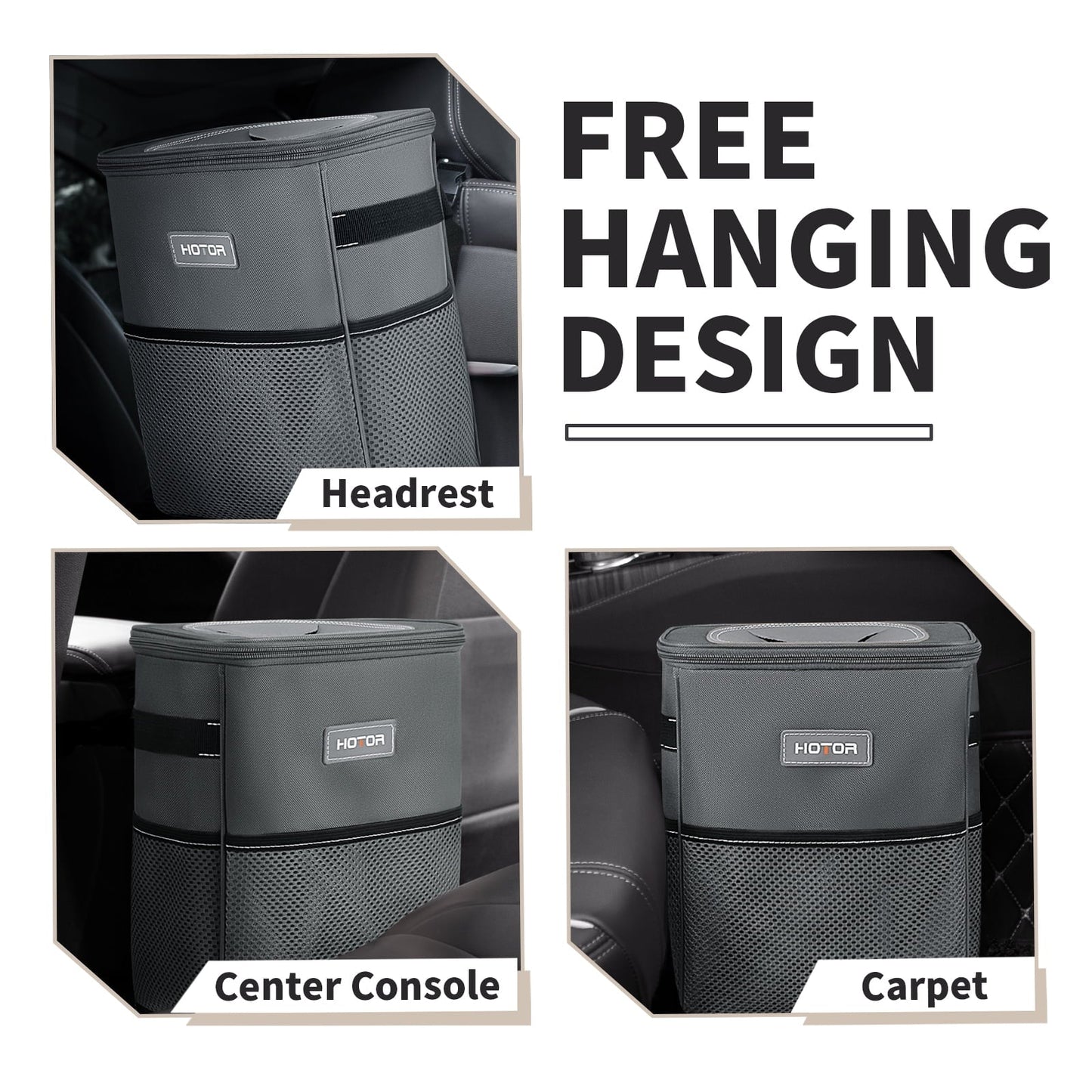 HOTOR Car Trash Can with Lid, Leak-Proof Car Garbage Can with Mesh Pockets, Car Accessories, 2 Gallons, Gray