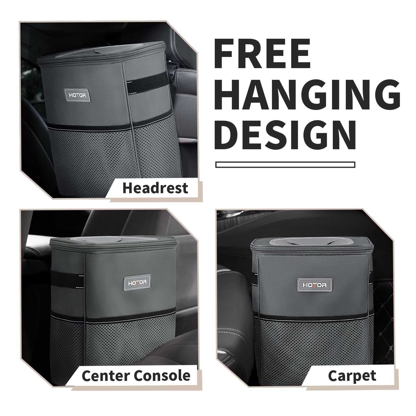 HOTOR Car Trash Can with Lid, Leak-Proof Car Garbage Can with Mesh Pockets, Car Accessories, 2 Gallons, Gray