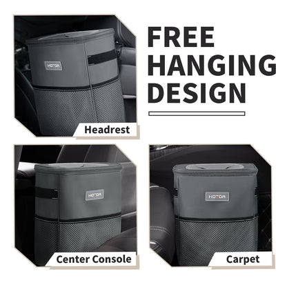 HOTOR Car Trash Can with Lid, Leak-Proof Car Garbage Can with Mesh Pockets, Car Accessories, 2 Gallons, Gray