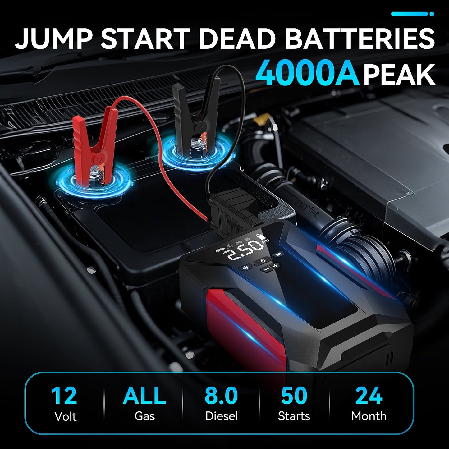 Amybaby 8-in-1 Emergency Jump Starter & Tire Inflator – 4000A Peak for Gas/Diesel Engines, 150PSI Auto-Stop Air Compressor, LED Light + Power Bank | All-Climate (-40°F) Roadside Savior