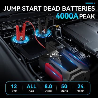 Amybaby 8-in-1 Emergency Jump Starter & Tire Inflator – 4000A Peak for Gas/Diesel Engines, 150PSI Auto-Stop Air Compressor, LED Light + Power Bank | All-Climate (-40°F) Roadside Savior
